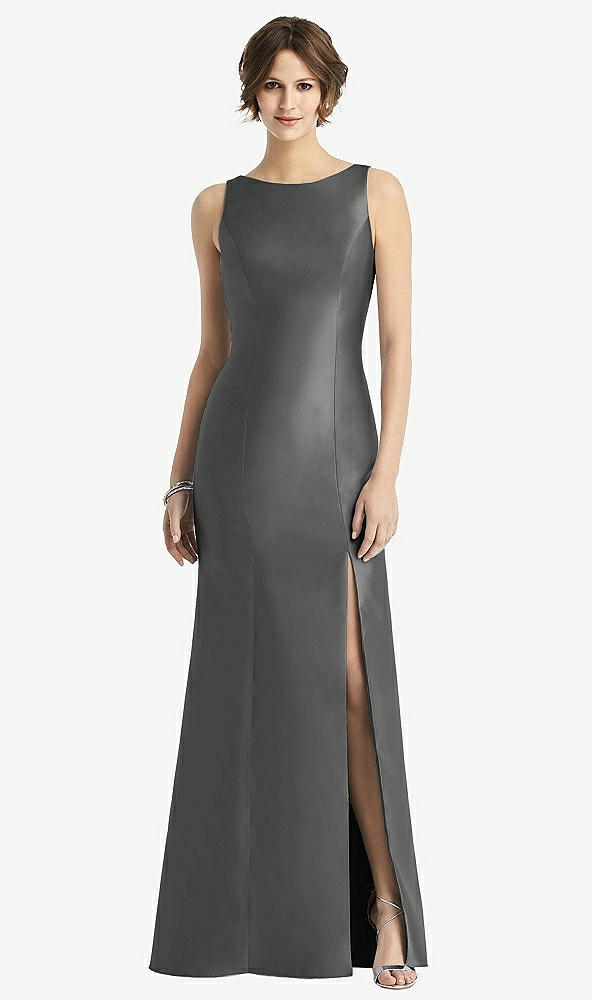 Front View - Gunmetal Sleeveless Satin Trumpet Gown with Bow at Open-Back