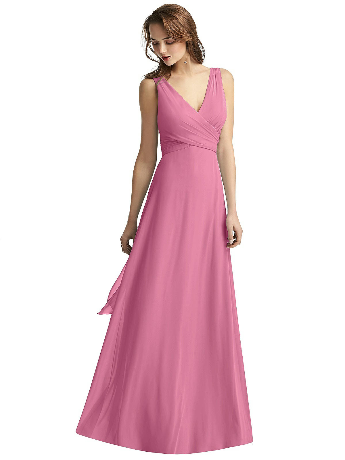 Sleeveless V-neck Chiffon Wrap Bridesmaid Dress In Orchid Pink