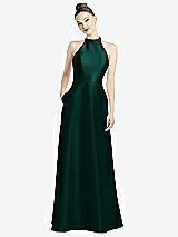 Rear View Thumbnail - Evergreen High-Neck Cutout Satin Dress with Pockets