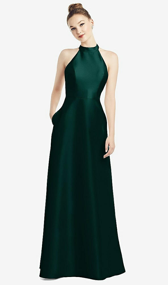 Back View - Evergreen High-Neck Cutout Satin Dress with Pockets