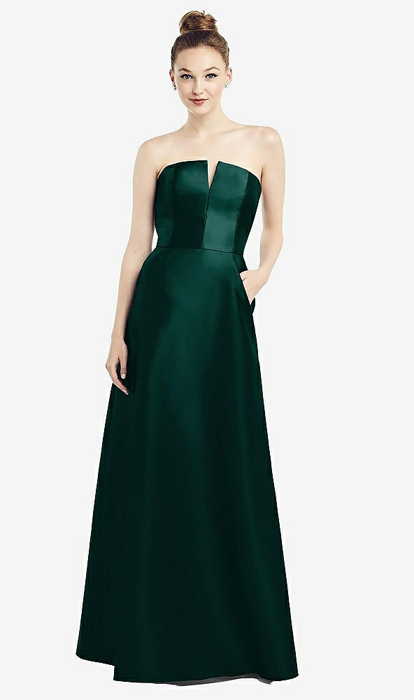 Front View - Evergreen Strapless Notch Satin Gown with Pockets