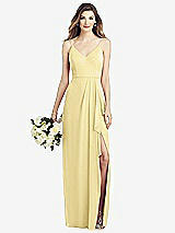 Front View Thumbnail - Pale Yellow Spaghetti Strap Draped Skirt Gown with Front Slit