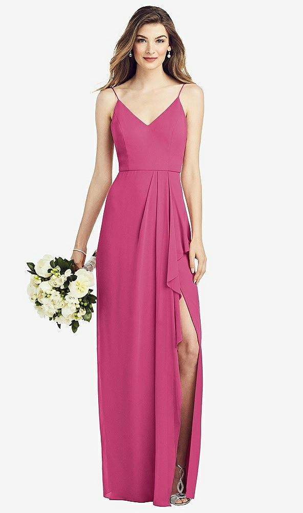 Front View - Tea Rose Spaghetti Strap Draped Skirt Gown with Front Slit
