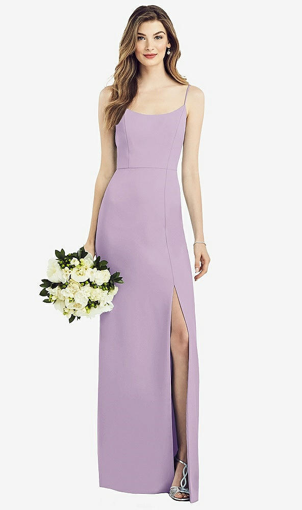 Front View - Pale Purple Spaghetti Strap V-Back Crepe Gown with Front Slit