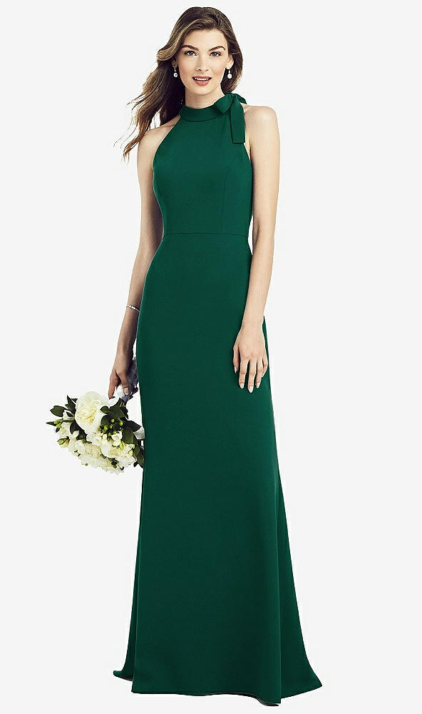 Back View - Hunter Green Bow-Neck Open-Back Trumpet Gown