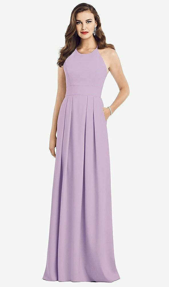 Front View - Pale Purple Criss Cross Back Crepe Halter Dress with Pockets