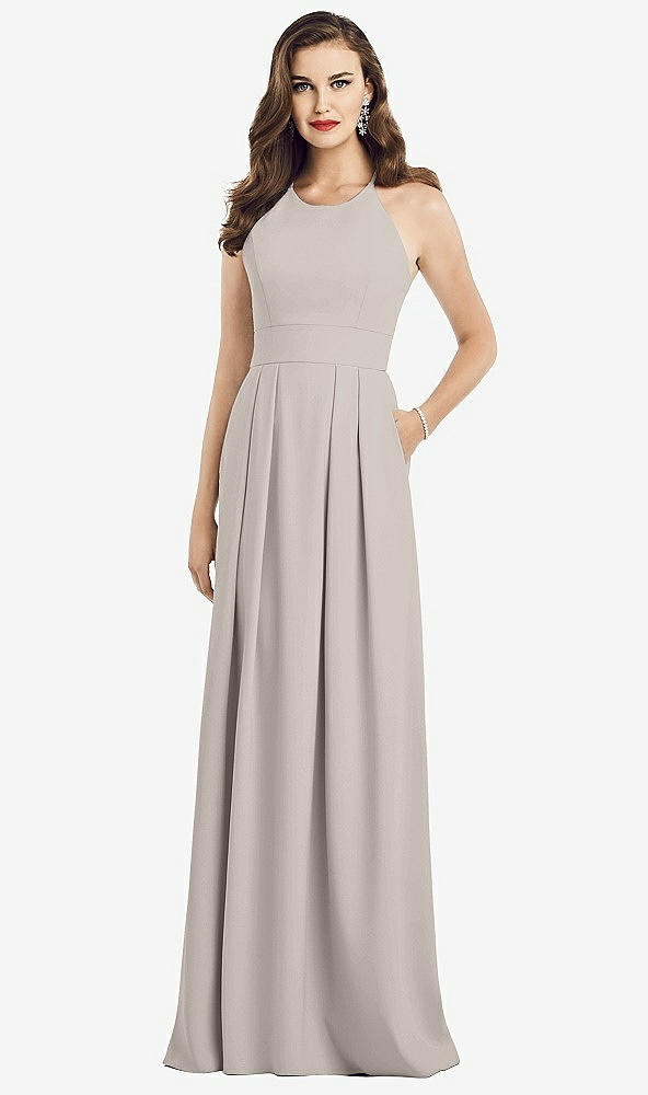 Front View - Taupe Criss Cross Back Crepe Halter Dress with Pockets