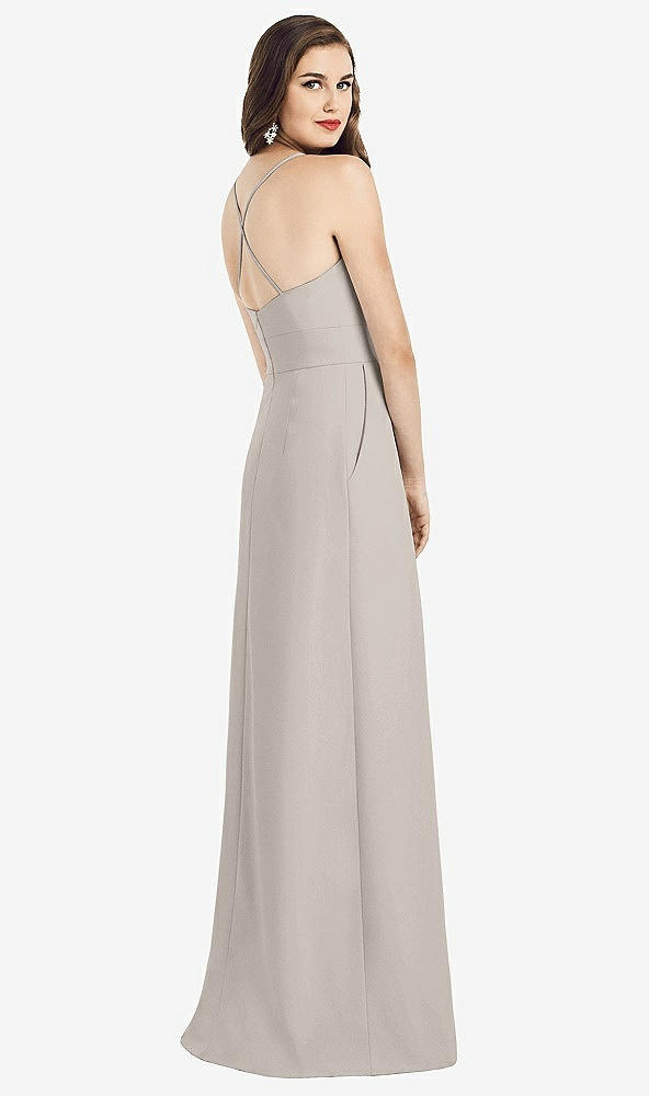 Back View - Taupe Criss Cross Back Crepe Halter Dress with Pockets