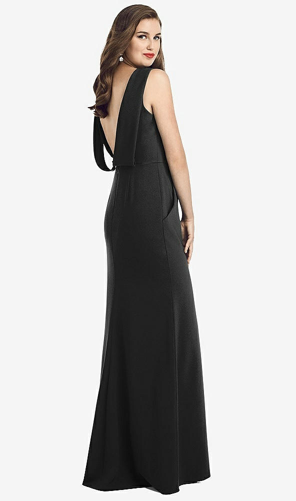 Front View - Black Draped Backless Crepe Dress with Pockets