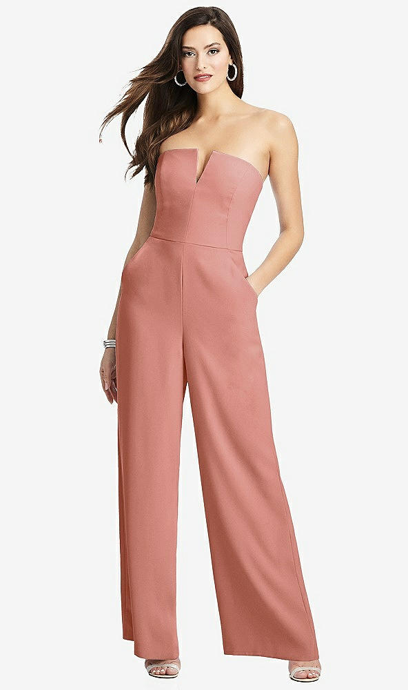 Front View - Desert Rose Strapless Notch Crepe Jumpsuit with Pockets