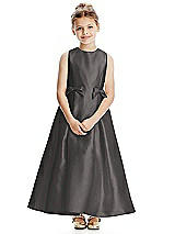 Front View Thumbnail - Caviar Gray Princess Line Satin Twill Flower Girl Dress with Bows