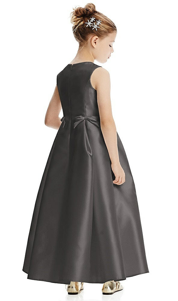 Back View - Caviar Gray Princess Line Satin Twill Flower Girl Dress with Bows