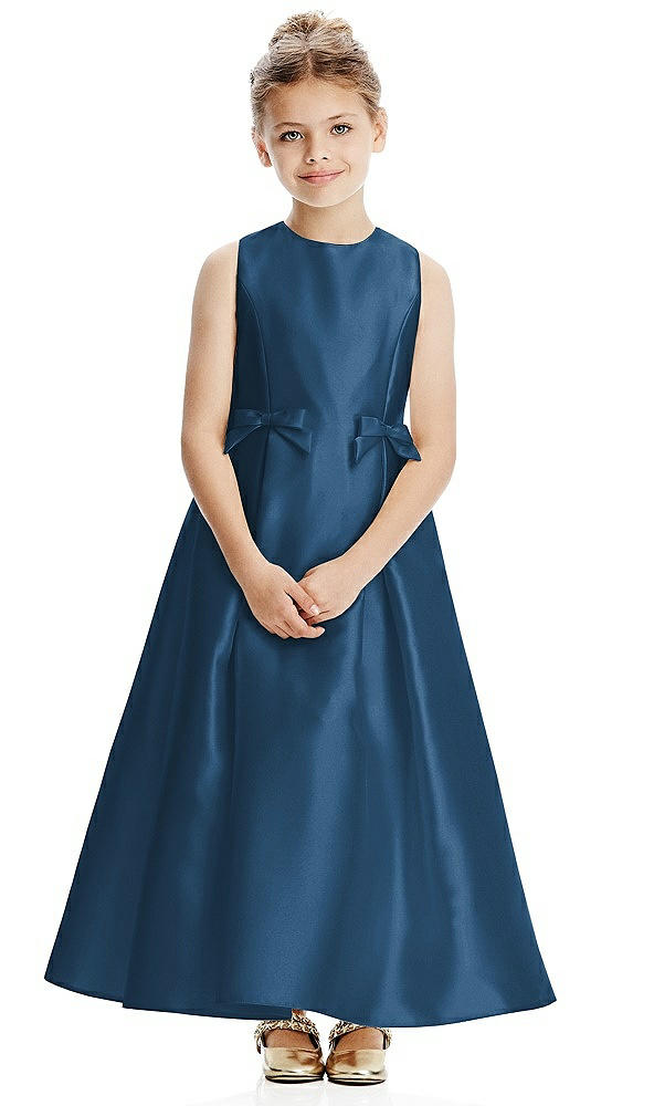 Front View - Dusk Blue Princess Line Satin Twill Flower Girl Dress with Bows