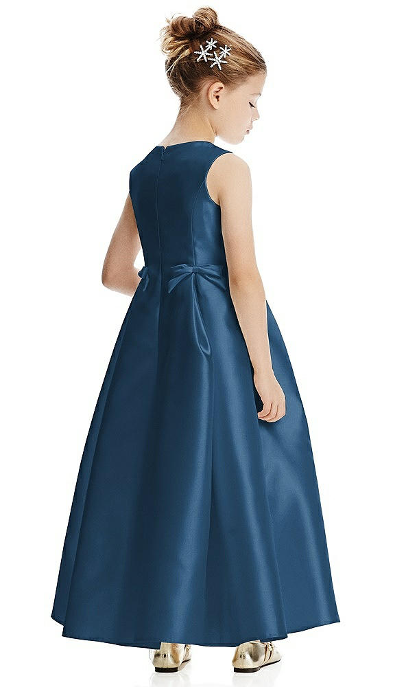 Back View - Dusk Blue Princess Line Satin Twill Flower Girl Dress with Bows