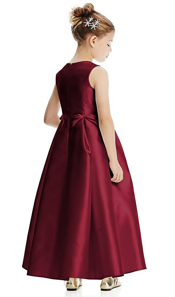 Back View - Burgundy Princess Line Satin Twill Flower Girl Dress with Bows