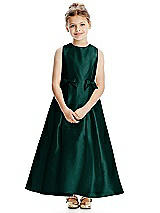Front View Thumbnail - Evergreen Princess Line Satin Twill Flower Girl Dress with Bows