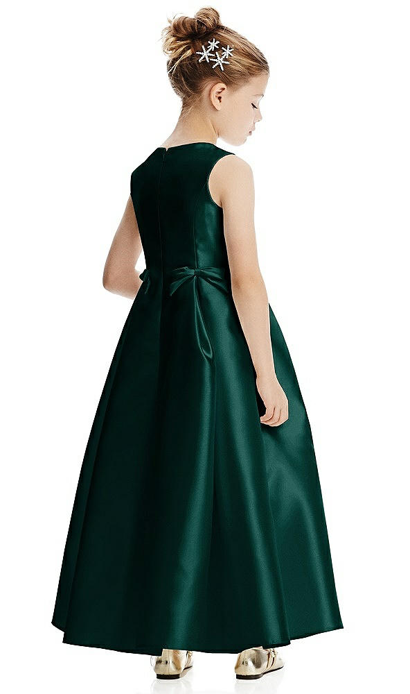 Back View - Evergreen Princess Line Satin Twill Flower Girl Dress with Bows