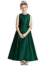 Front View Thumbnail - Hunter Green Princess Line Satin Twill Flower Girl Dress with Bows