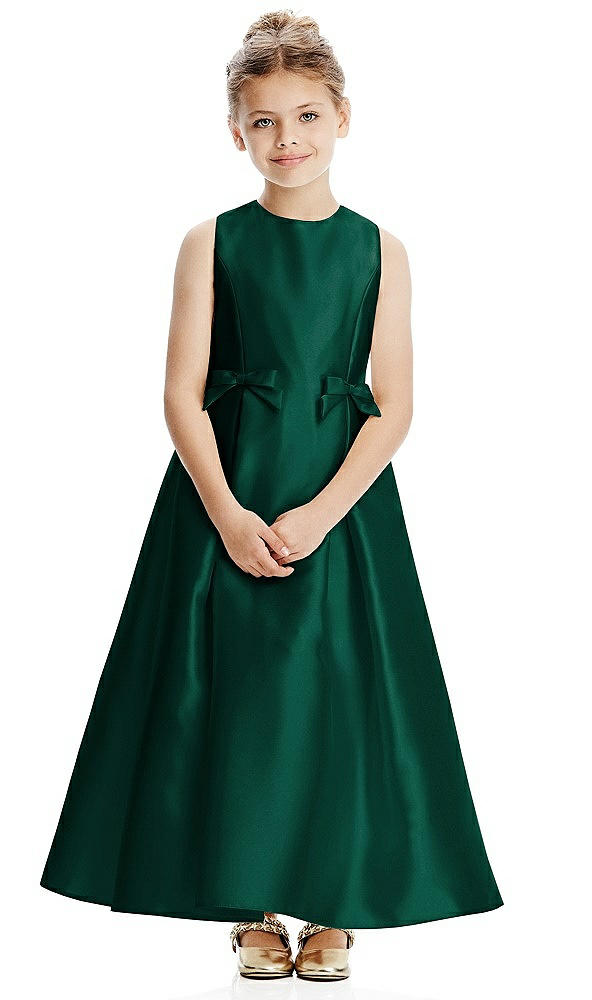 Front View - Hunter Green Princess Line Satin Twill Flower Girl Dress with Bows