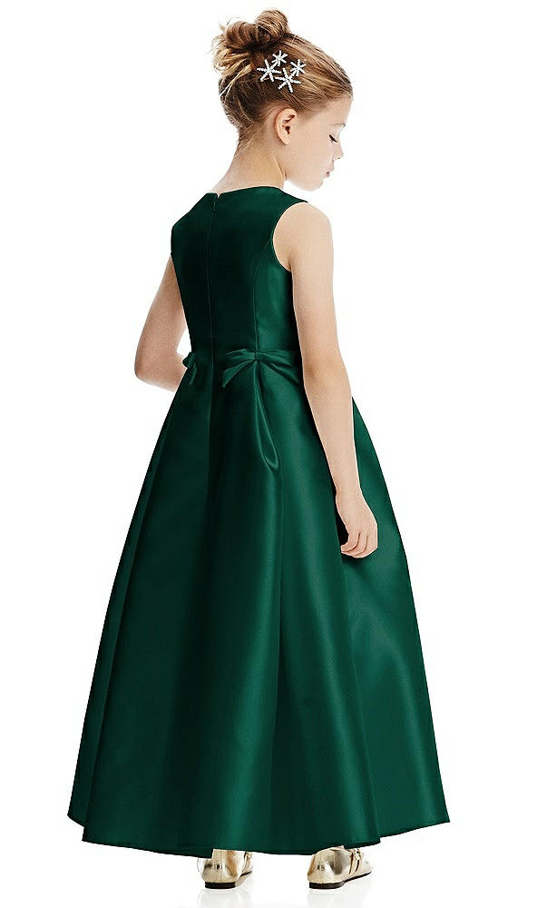 Back View - Hunter Green Princess Line Satin Twill Flower Girl Dress with Bows