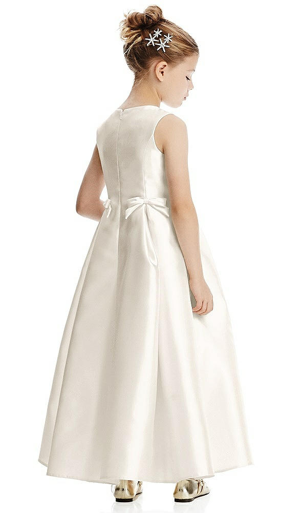 Back View - Ivory Princess Line Satin Twill Flower Girl Dress with Bows