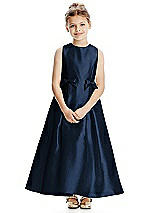 Front View Thumbnail - Midnight Navy Princess Line Satin Twill Flower Girl Dress with Bows