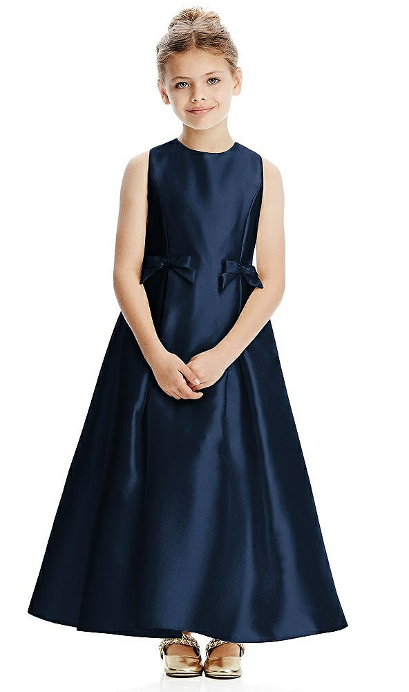 Front View - Midnight Navy Princess Line Satin Twill Flower Girl Dress with Bows