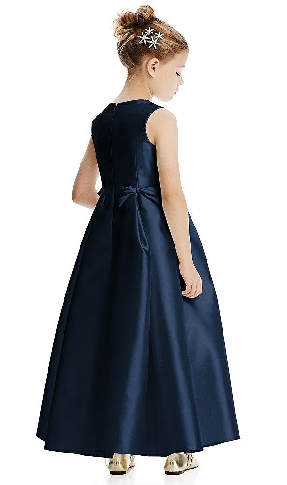 Back View - Midnight Navy Princess Line Satin Twill Flower Girl Dress with Bows