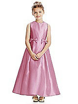 Front View Thumbnail - Powder Pink Princess Line Satin Twill Flower Girl Dress with Bows
