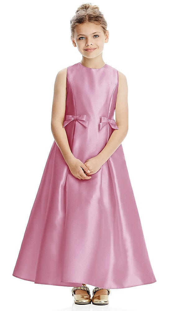 Front View - Powder Pink Princess Line Satin Twill Flower Girl Dress with Bows