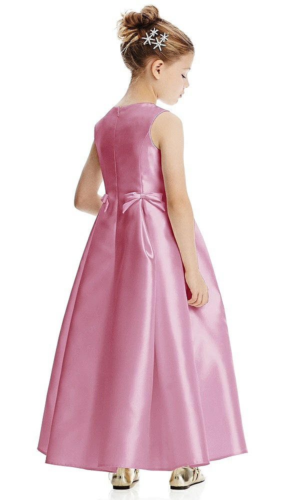 Back View - Powder Pink Princess Line Satin Twill Flower Girl Dress with Bows