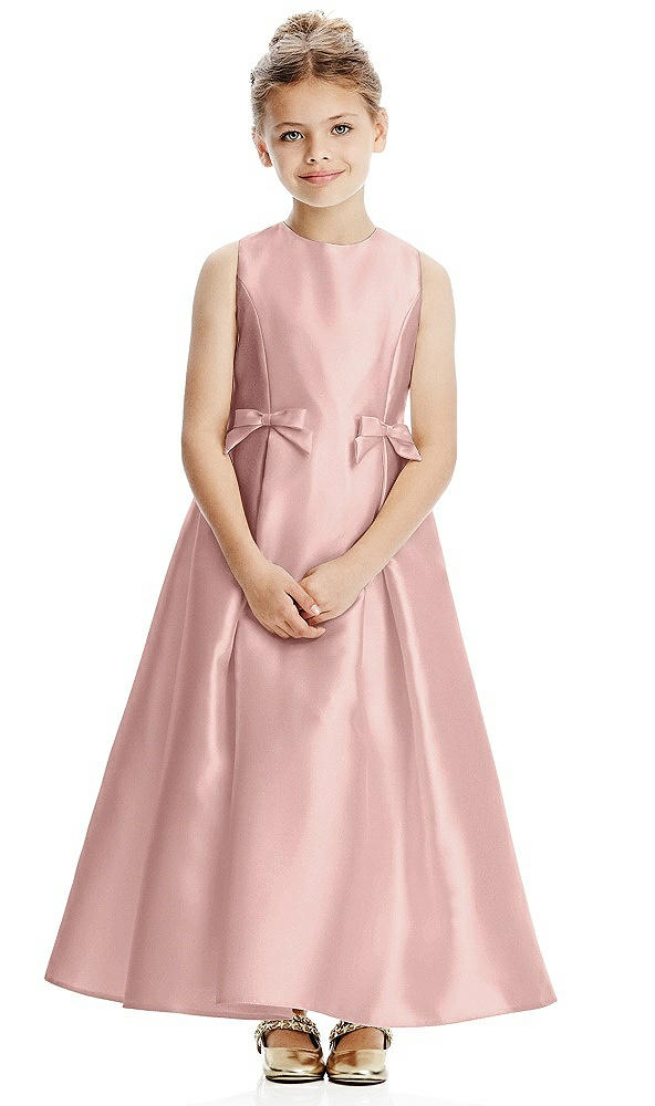 Front View - Rose - PANTONE Rose Quartz Princess Line Satin Twill Flower Girl Dress with Bows