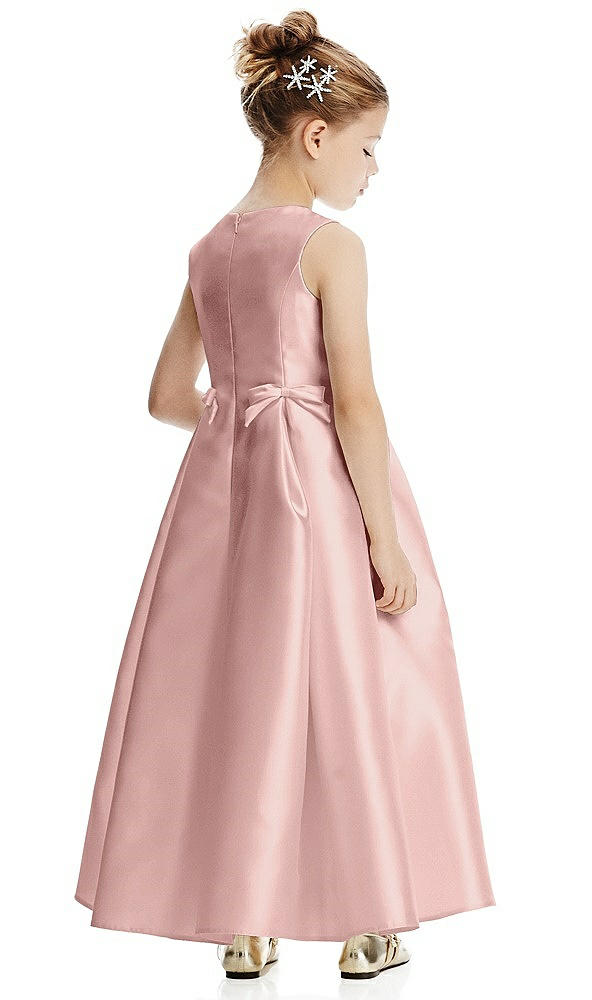 Back View - Rose - PANTONE Rose Quartz Princess Line Satin Twill Flower Girl Dress with Bows