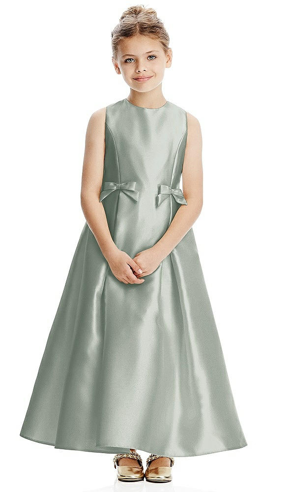Front View - Willow Green Princess Line Satin Twill Flower Girl Dress with Bows