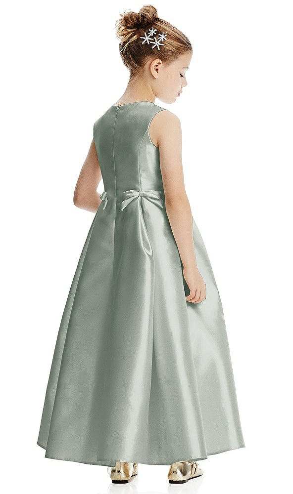 Back View - Willow Green Princess Line Satin Twill Flower Girl Dress with Bows