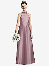 Front View Thumbnail - Dusty Rose Halter Open-back Satin Junior Bridesmaid Dress with Pockets
