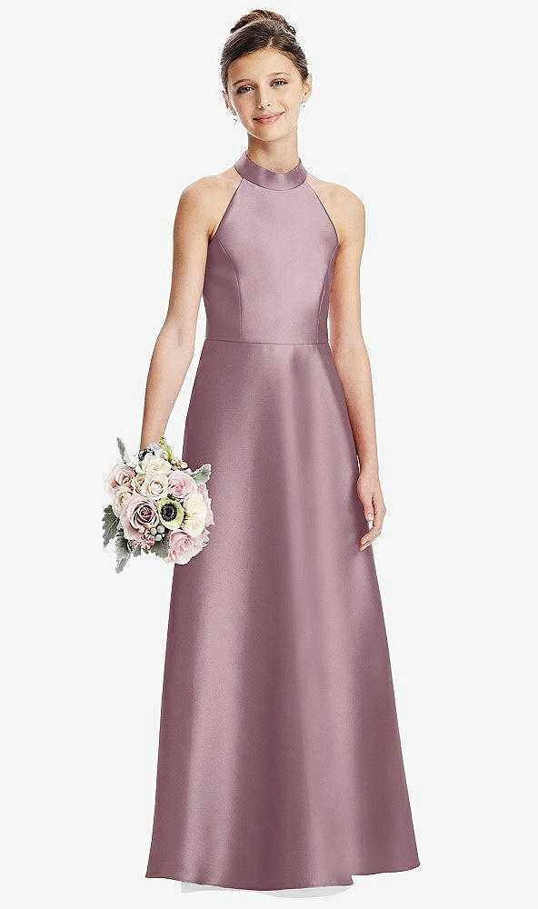 Front View - Dusty Rose Halter Open-back Satin Junior Bridesmaid Dress with Pockets