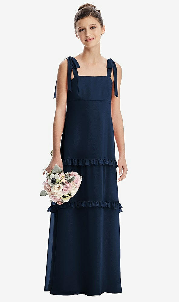 Front View - Midnight Navy Tie-Shoulder Juniors Dress with Tiered Ruffle Skirt
