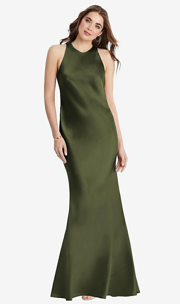 Back View - Olive Green Tie Neck Low Back Maxi Tank Dress - Marin