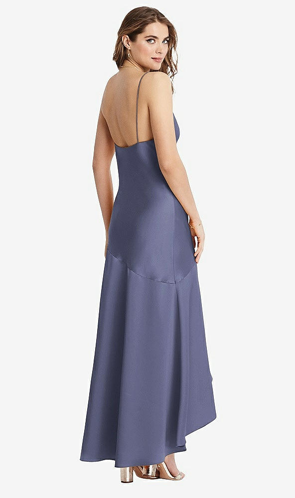 Back View - French Blue Asymmetrical Drop Waist High-Low Slip Dress - Devon