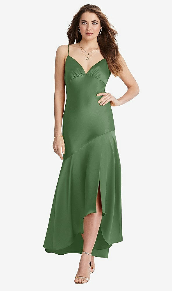 Front View - Vineyard Green Asymmetrical Drop Waist High-Low Slip Dress - Devon