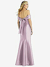 Rear View Thumbnail - Suede Rose Off-the-Shoulder Bow-Back Satin Trumpet Gown
