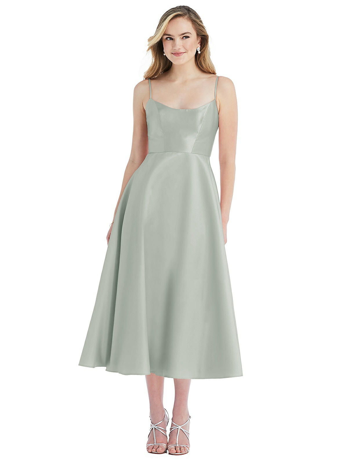 Spaghetti Strap Full Skirt Satin Midi Bridesmaid Dress In Willow Green