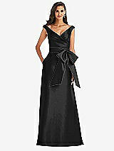 Front View Thumbnail - Black & Black Off-the-Shoulder Bow-Waist Maxi Dress with Pockets