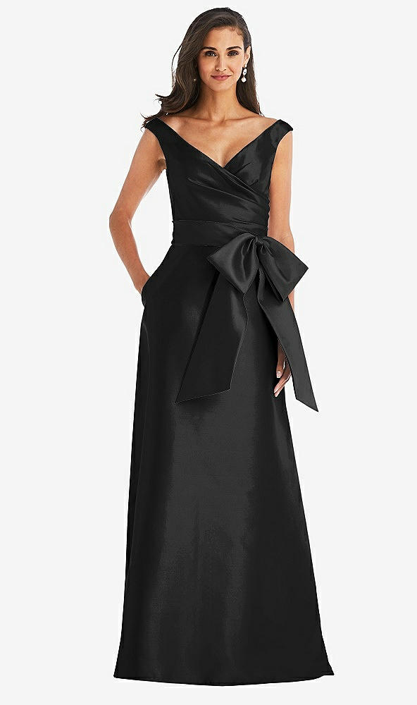 Front View - Black & Black Off-the-Shoulder Bow-Waist Maxi Dress with Pockets