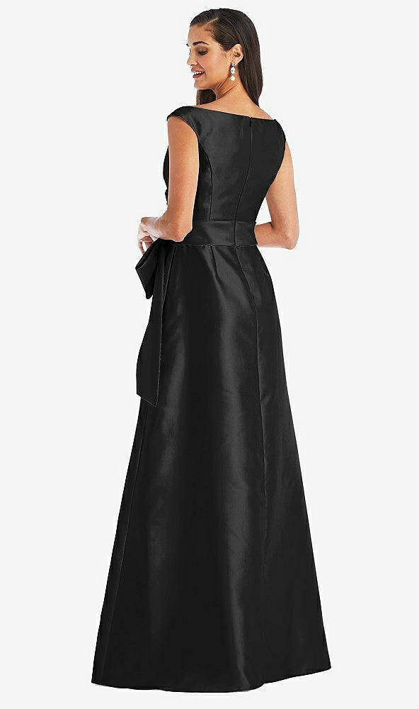 Back View - Black & Black Off-the-Shoulder Bow-Waist Maxi Dress with Pockets