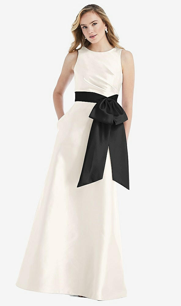 Front View - Ivory & Black High-Neck Bow-Waist Maxi Dress with Pockets