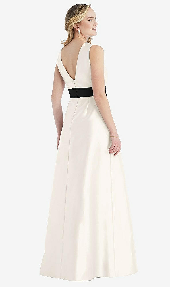 Back View - Ivory & Black High-Neck Bow-Waist Maxi Dress with Pockets