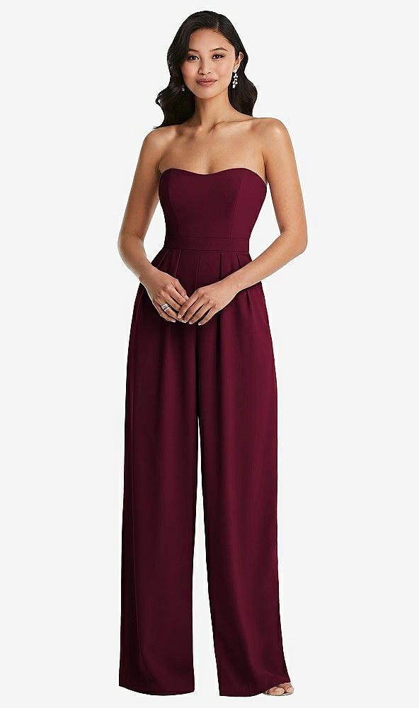 Front View - Cabernet Strapless Pleated Front Jumpsuit with Pockets