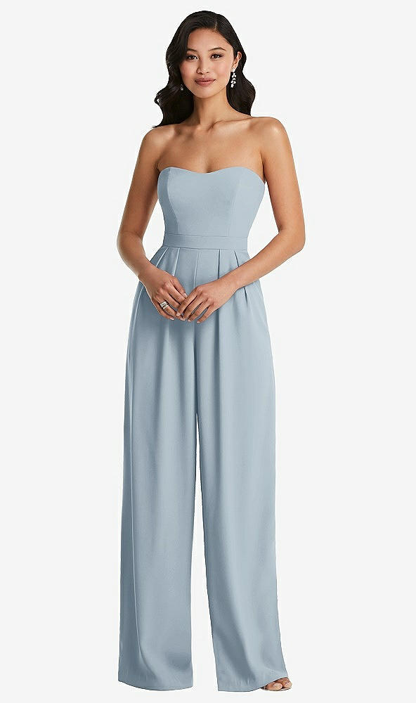 Front View - Mist Strapless Pleated Front Jumpsuit with Pockets